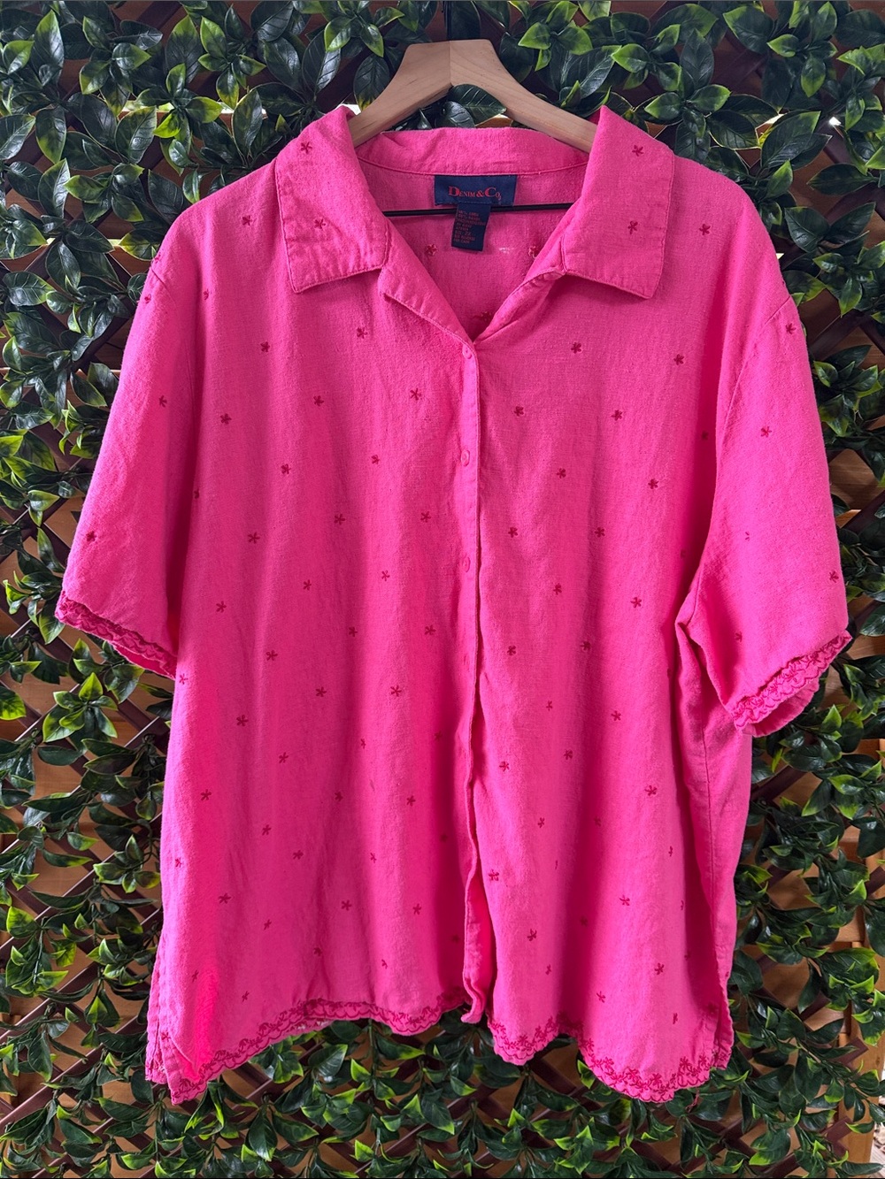 Denim&Co Pink Embroidered Linen Button-Down Shirt